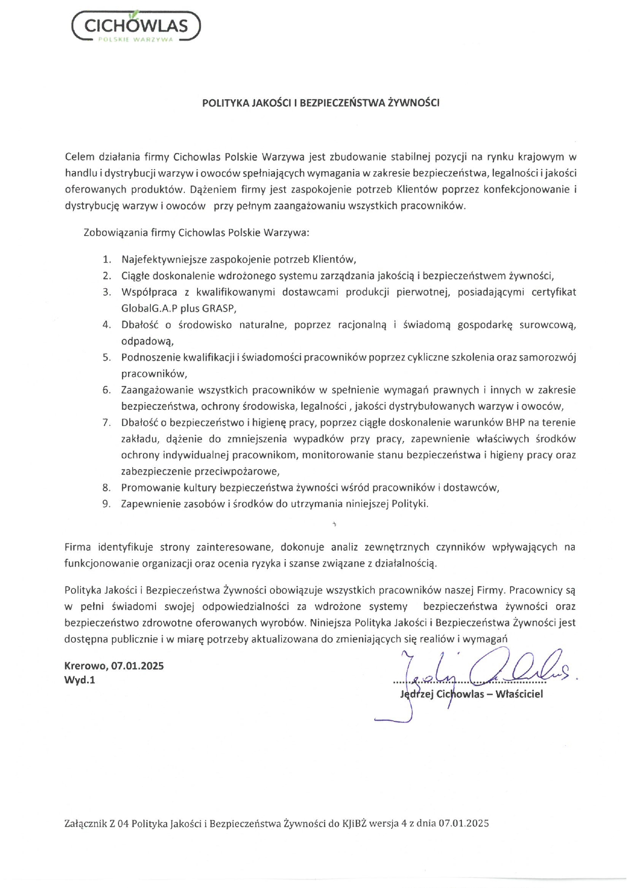Polityka Jakoci i Bezpieczestwa ywnoci